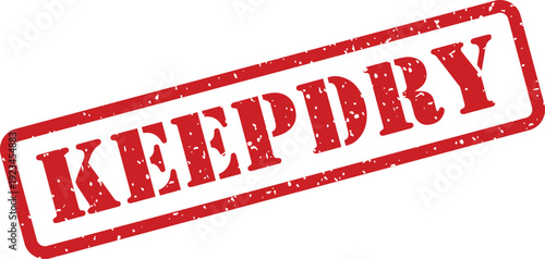 A clear red rubber stamp effect showing the imperative message KEEP DRY on a simple white background