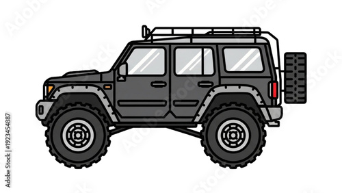 Detailed vehicle autocad blueprint of a rugged offroad SUV with spare tire and roof rack in a technical isometric view