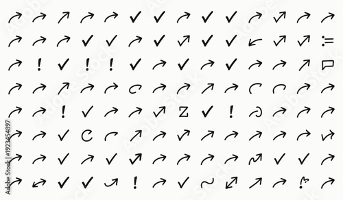 Hand Drawn Arrow Set with Checkmarks and Directional Pointer Doodles for Creative Business and Web Design