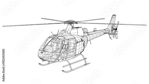 Detailed vehicle autocad blueprint of a helicopter in a technical isometric view showcasing its complex machinery and precise engineering design