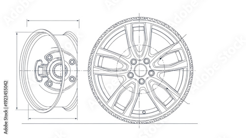Detailed vehicle autocad blueprint of alloy wheel design with precise dimensions and technical drawing
