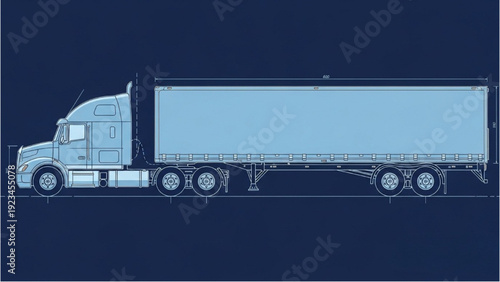 Detailed Vehicle Autocad Blueprint of a Semi-Truck Trailer in a Technical Side View Illustration