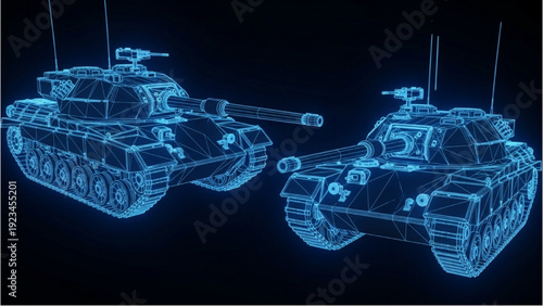 3D rendered vehicle autocad blueprint of two tanks in technical wireframe