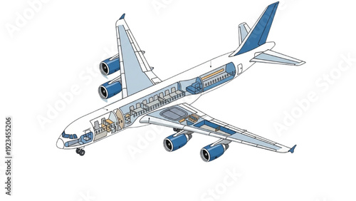 Detailed vehicle autocad blueprint illustration of an airplane viewed from below in a white environment