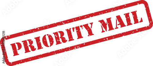 A clear red rubber stamp showing the text PRIORITY MAIL with a rustic worn appearance against a bright white background