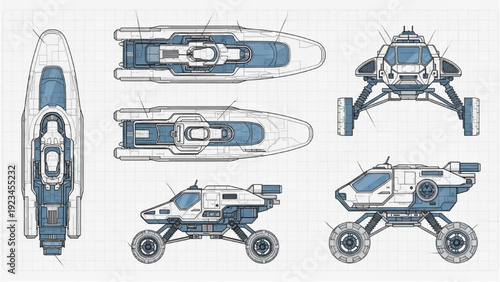 Futuristic Vehicle Autocad Blueprint Illustrations from Multiple Viewpoints