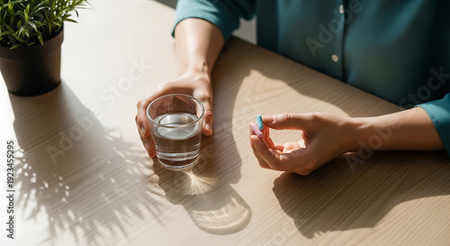 Mindful Morning Ritual: Woman's Hands Holding Daily Nutritional Supplements, Wellness Capsules for Health and Balance in Soft Light