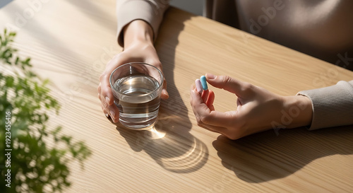Mindful Morning Ritual: Woman's Hands Holding Daily Nutritional Supplements, Wellness Capsules for Health and Balance in Soft Light