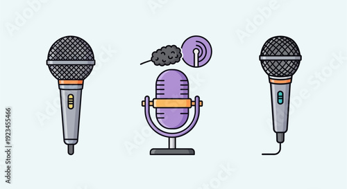 Three cartoon-style microphones, including handheld and studio types, with a podcast icon, on a light blue background.