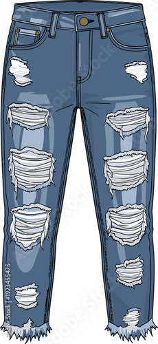 Ripped blue denim jeans isolated on white background, trendy distressed skinny pants with torn details, modern casual fashion vector illustration for apparel design