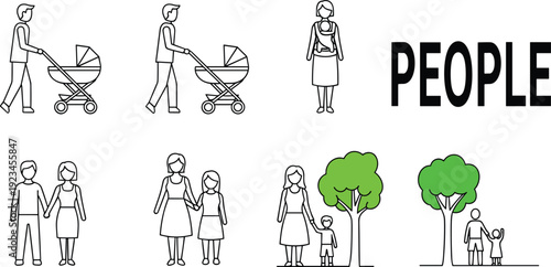 People family line icons set, parents children everyday activities, parenting motherhood lifestyle scenes, minimal outline vector illustration isolated white background