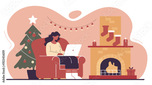 Woman works on a laptop in an armchair by a brick fireplace with Christmas tree and stockings.