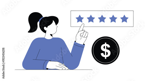 Online payment and five star rating concept with woman and dollar symbol