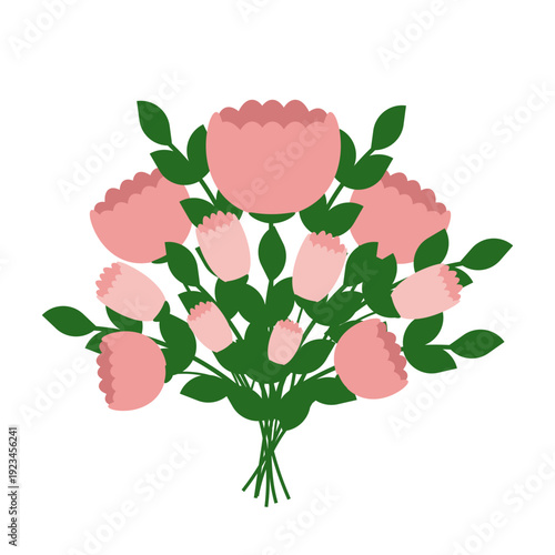 Spring flower bouquet. Vector illustration of Spring peony flowers with pink powder color petals and green leaves isolated transparent background. EPS 10