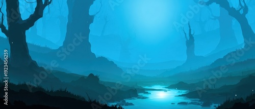 Panel kuchenny z motywem Mystical forest scene with a flowing river bathed in blue light