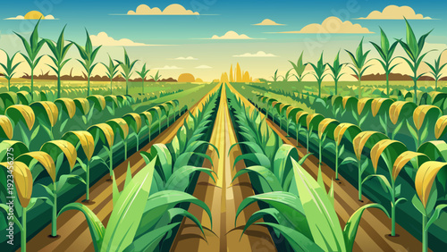 A large corn farm filled with tall green corn plants growing in straight organized rows across open farmland soil paths run between rows