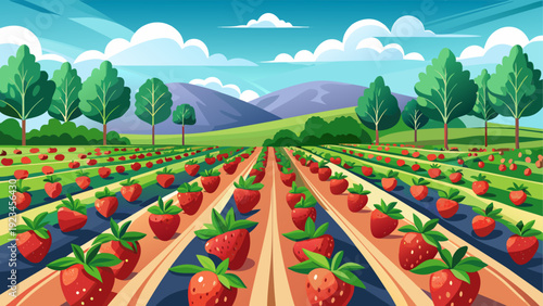 A clean strawberry farm with rows of low strawberry plants growing across open farmland visible red strawberries among green leaves