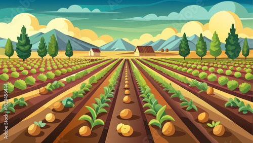 A wide potato farm with organized rows of potato plants growing from soil across open agricultural land simple farming layout flat minimal vector illustration calm countryside farming scene