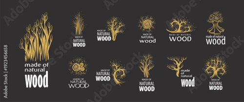 A set of unusual hand-drawn vector logos for the production of wood products