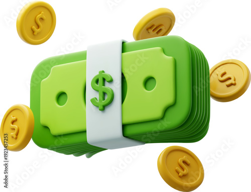 3D Vector Floating green cash stack with dollar symbol and gold coins, Represents money, Finance, income, Profit, Investment, Savings, Wealth, Economy, Business growth, Success, Revenue and Financial 