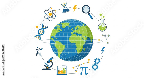 Global science and research icons surrounding planet Earth illustration.