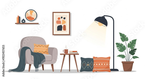 Cozy living room interior with armchair and floor lamp.