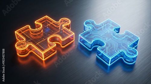 Technological jigsaw puzzle pieces with glowing circuit board patterns representing digital integration and innovation