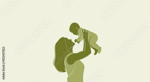 Mother lifting baby silhouette parenting bonding love maternal care concept minimal green tone illustration isolated background family affection theme