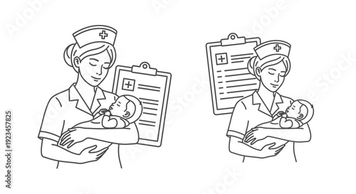 Nurse holding newborn baby with clipboard medical care concept maternal healthcare professional line illustration isolated on white background