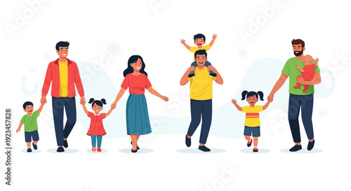 Happy families with children walking together parenting lifestyle illustration parents and kids bonding outdoor activity modern flat design isolated background