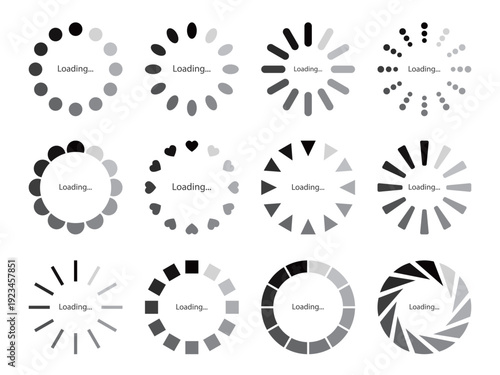 12種類のデザインのローディングマークのイラスト セット。モノクロのグラデーションの待機マークのアイコン。編集可能なベクター素材