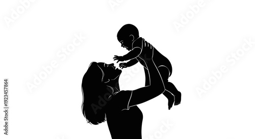 Mother lifting baby silhouette parenting bonding love maternal care concept minimal black silhouette illustration isolated on white background