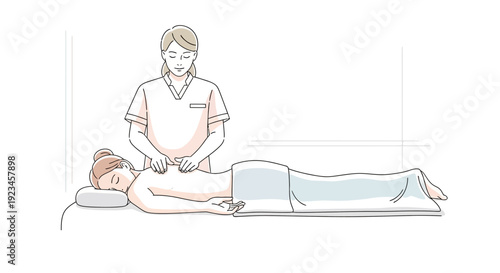Massage therapist giving body treatment to woman wellness spa therapy healthcare relaxation concept minimal flat illustration isolated on white background