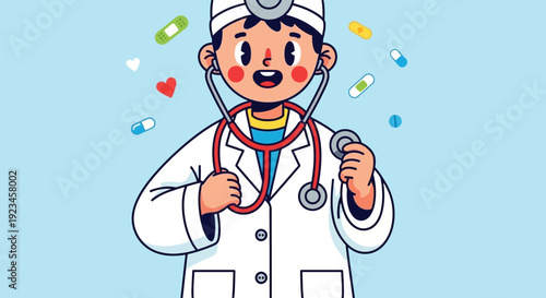 Cute kid doctor cartoon character wearing stethoscope smiling healthcare professional concept children medical career illustration colorful flat design isolated background