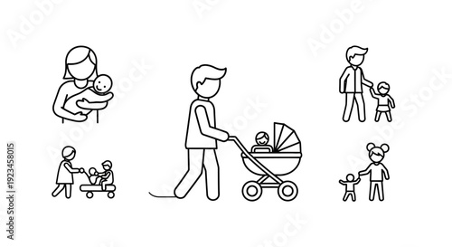 Family activities icons set parenting childcare daily routine walking stroller playing bonding minimal line illustration isolated on white background