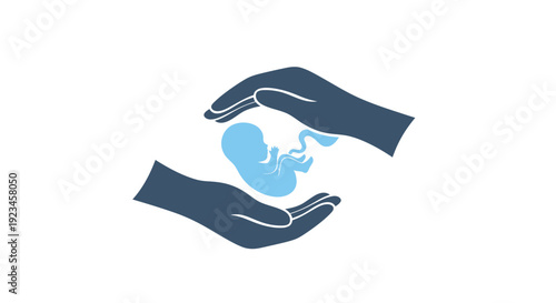 Hands protecting fetus pregnancy care concept maternal health protection symbol prenatal care support illustration minimal flat design isolated on white background