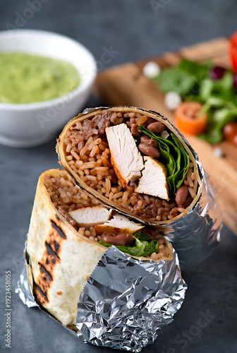 Grilled chicken and cheese burrito wrap with fresh salad and guacamole on dark slate table for healthy meal concept