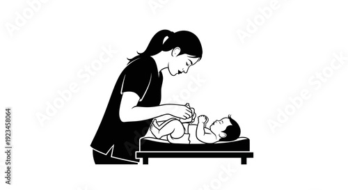 Mother caring for newborn baby silhouette childcare routine infant care nurturing parenting concept minimal black silhouette illustration isolated on white background