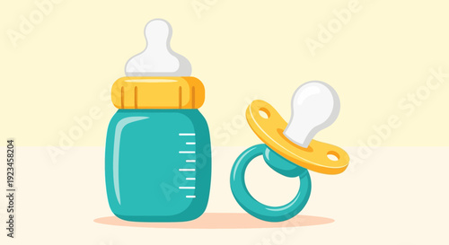 Baby Bottle and Pacifier Illustration – Cute Flat Vector Infant Feeding Bottle with Nipple and Soother, Childcare and Newborn Supplies Concept