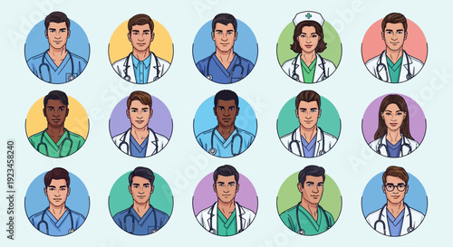Diverse Medical Team Avatars Set - Male and Female Doctors and Nurses Portrait Icons, Healthcare Professionals Characters, Flat Vector Illustration Collection