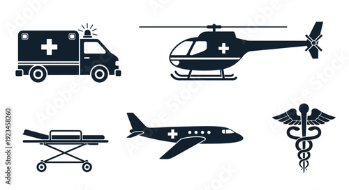 Medical Emergency Transport Icons Set - Ambulance, Rescue Helicopter, Stretcher, Airplane and Caduceus Symbol, Healthcare and EMS Vector Collection