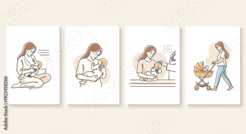 Motherhood Stages Illustration Set – Breastfeeding, Baby Care, Bath Time and Stroller Walk, Minimal Line Art Parenting Collection on Neutral Background