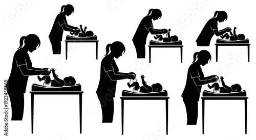 Newborn Baby Care Silhouettes Set - Mother Changing Diaper and Caring for Infant on Table, Parenting and Childcare Routine Concept, Black Vector Collection