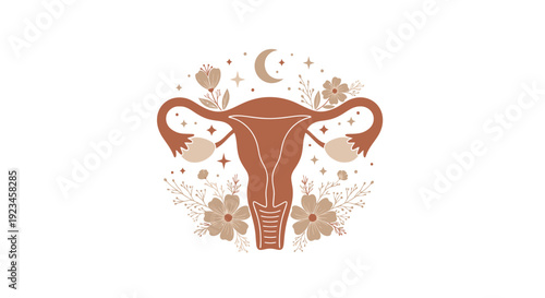 Boho Uterus Illustration with Moon and Floral Elements - Feminine Reproductive Health Concept, Women Empowerment Symbol, Gynecology and Fertility Vector Design