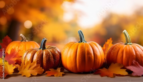 Close Up Pumpkins With Autumn Foliage And Copy Space