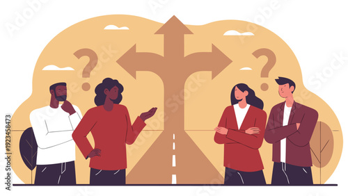 Four diverse people discuss at a crossroads with question marks, representing a difficult decision-making process.