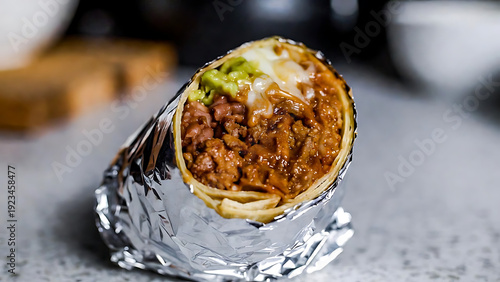 Delicious grilled chicken burrito wrapped in foil on rustic table for fast food meal concept