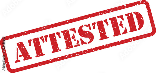 A grunge styled red rubber stamp with the word attested prominently displayed on a white surface