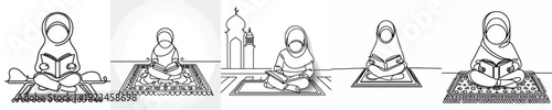 line art of a Muslim little girl sitting reading the Quran front view