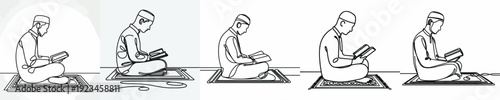 line art of a Muslim man sitting reading the Quran side view